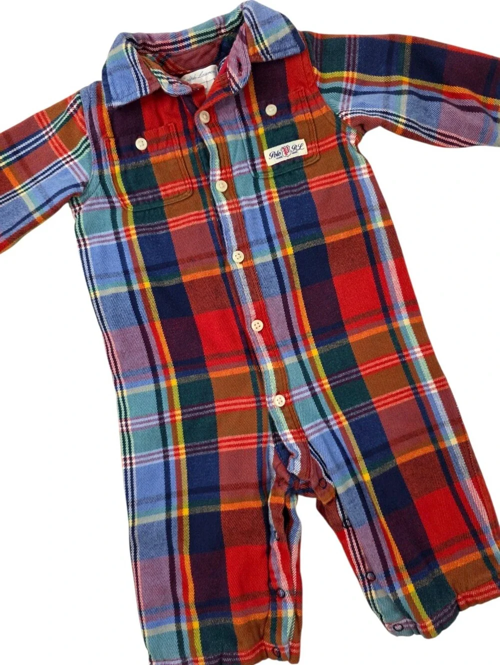Ralph Lauren Baby Tartan Plaid Lined Flannel Jumpsuit Romper 6M Cotton Preppy